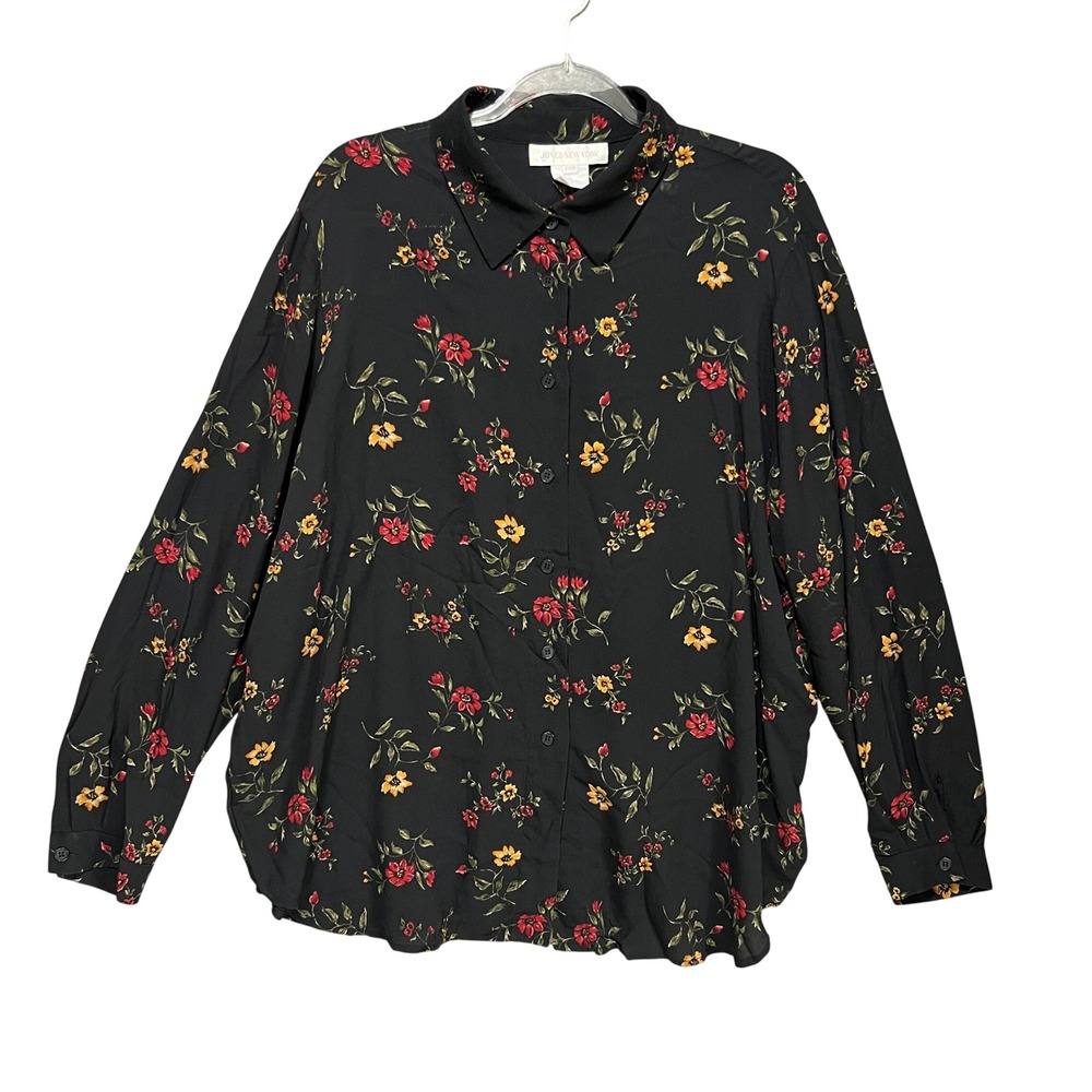 Jones New York 100% Silk Floral Blouse Black Plus Size 20W Cottage Witchy Fall